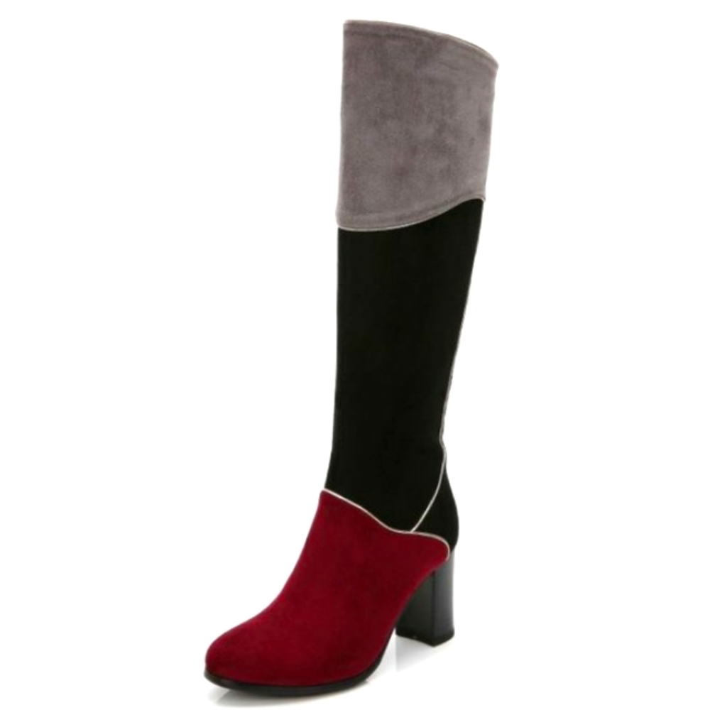NWOT Three Color Tone Suede Accent Heeled Knee High Almond Toe Riding Boots